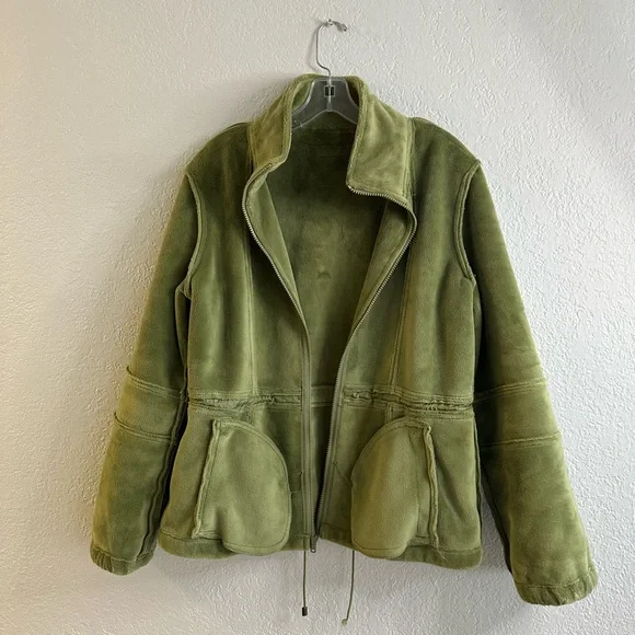 Vintage Kristen Blake GreenTeddy Fleece Zip-Up Jacket Drawstring Waist Size L - Picture 8 of 15